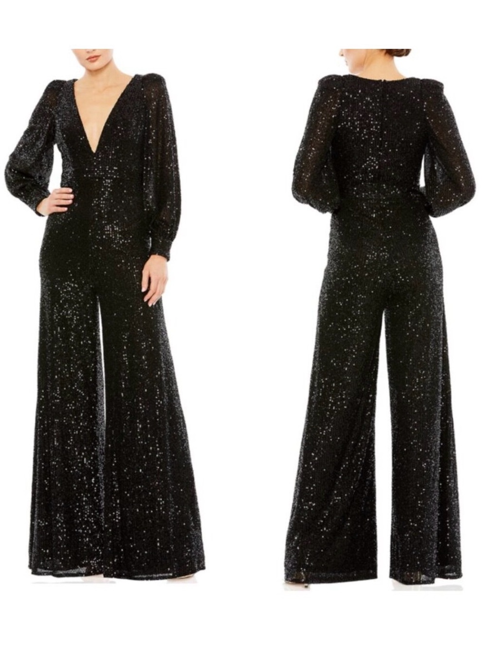 Mac Duggal Ieena Long Sleeve Wide-Leg Sequin Jumpsuit NWT in Black 2
